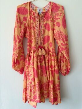 Bella Tu Floral Embroidered Cotton Dress Medium Orange Pink Boho Tassel